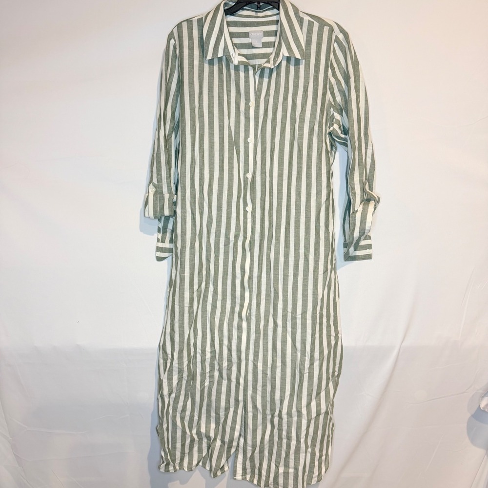 Chicos Striped Linen Blend Maxi Shirt Dress Olive Green White Size 2 Large 12/14